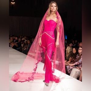 Lucia’s Sarto 🪡 Lace Fringe Jumpsuit Hot pink sweetheart